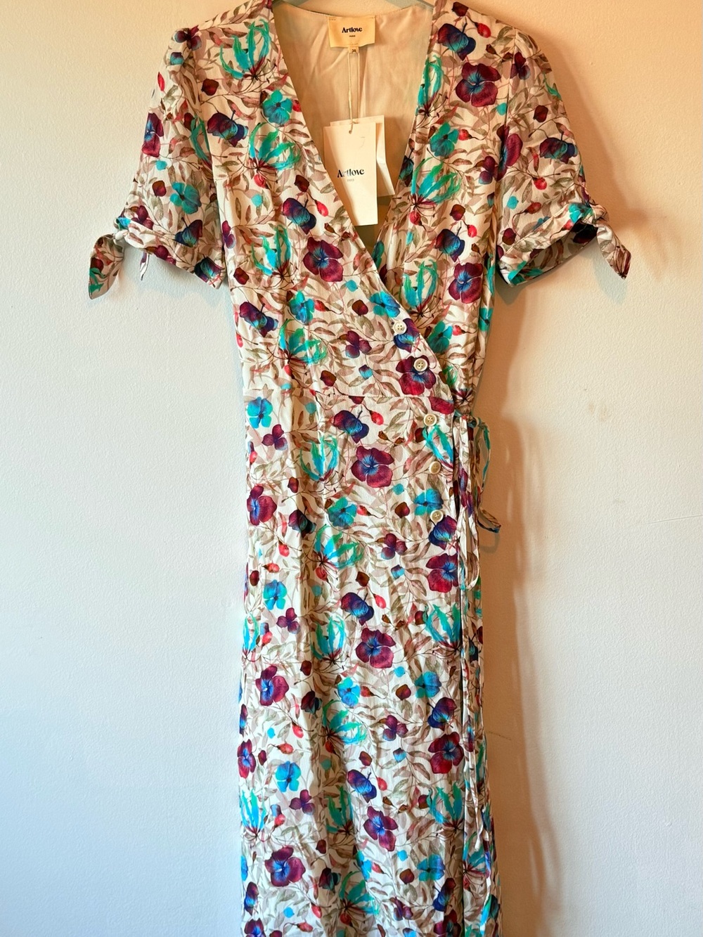 Cream Midi Wrap Dress with Teal & Plum Floral Print